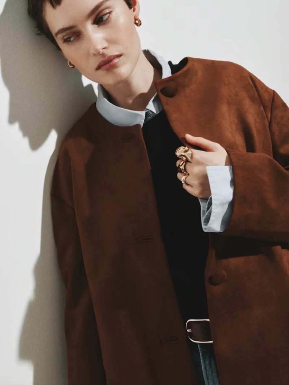 NWT H&M Classic Brown Faux Suede Collarless Jacket. Size Medium. - Picture 5 of 13